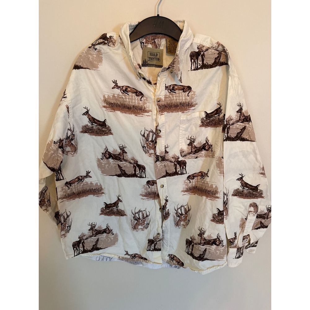 Outdoor Life Field Tested Mens XL Ivory Deer Print Button Down Shirt FTWL-1352